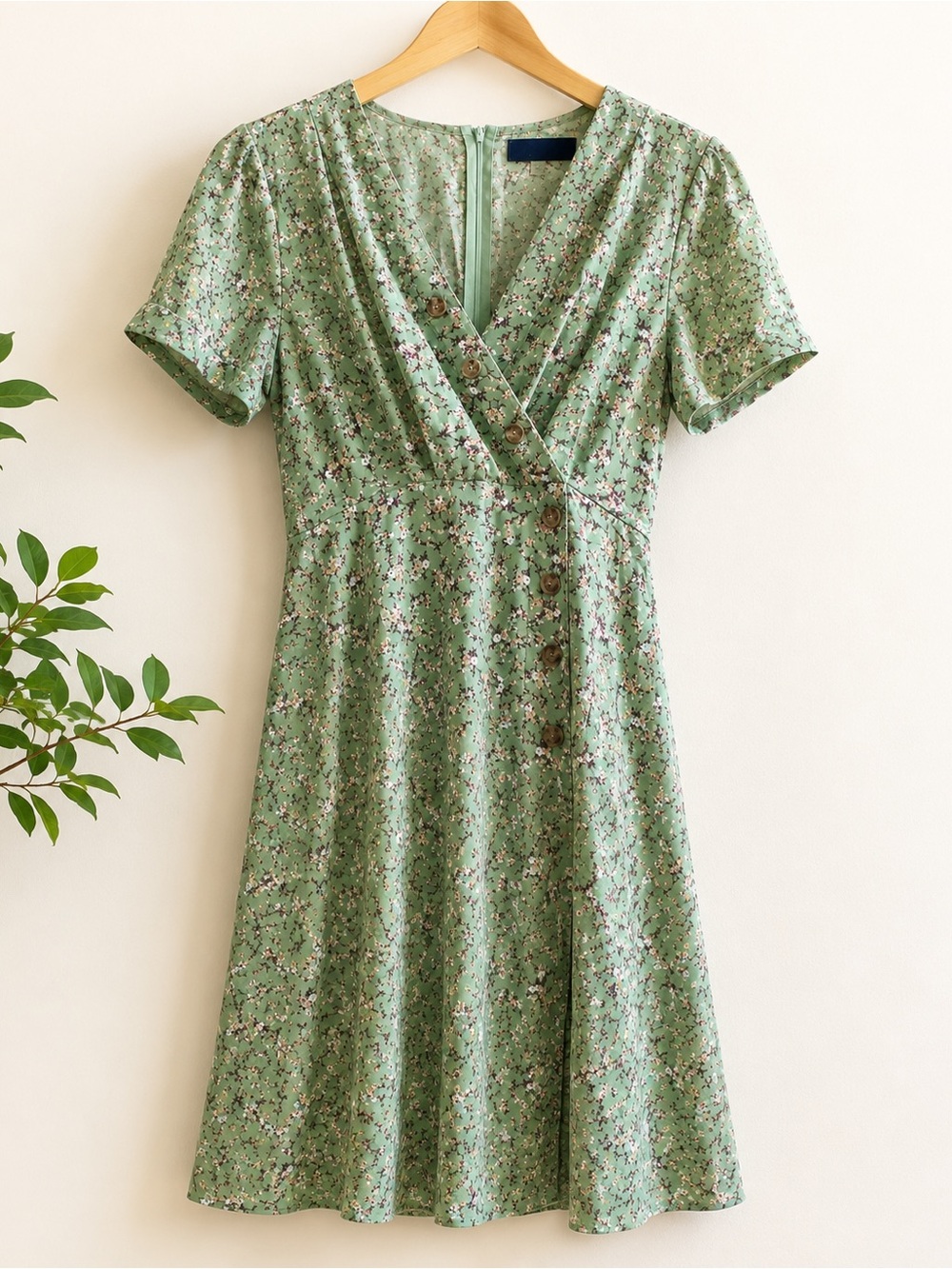 Blue Rain Sage Green Floral Wrap Style Midi Dress Cottagecore 90s Large